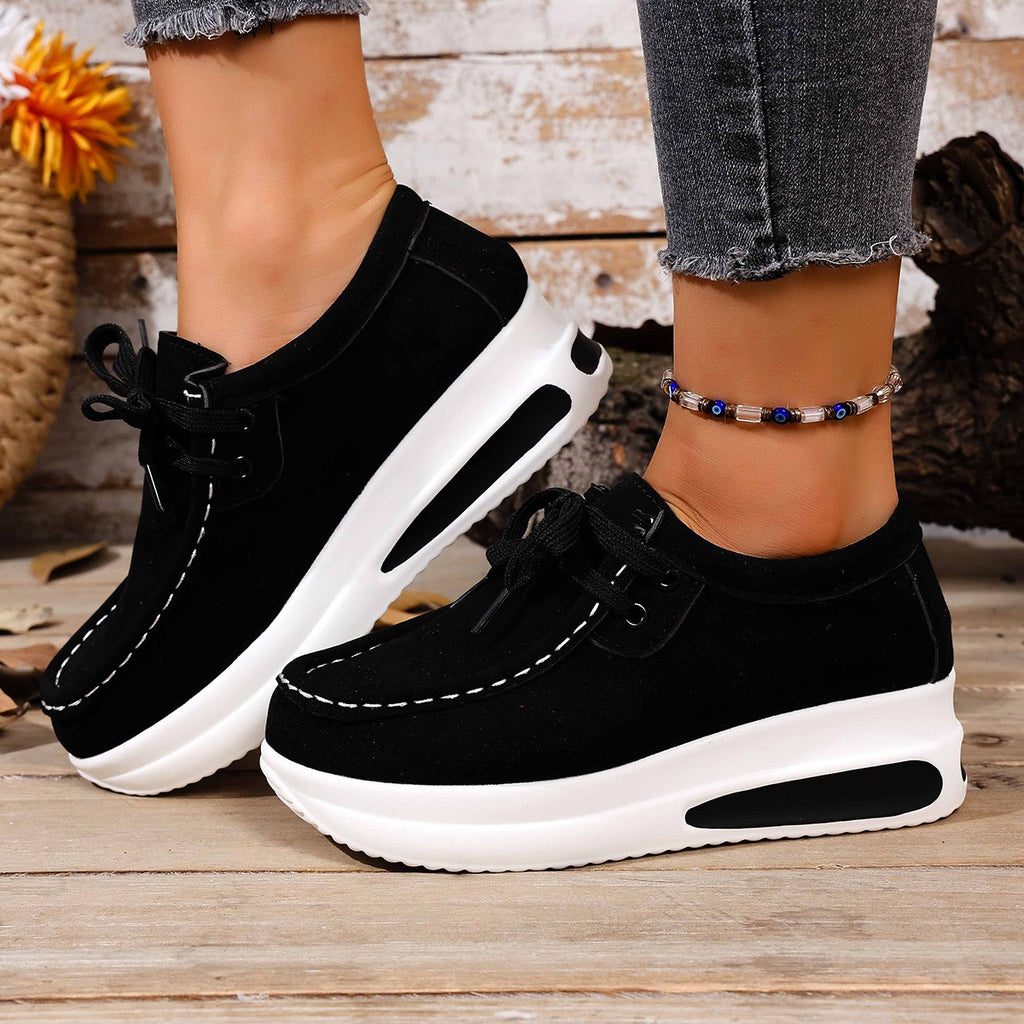 Faux Suede Platform Lace-Up Moccasin Loafers - Black