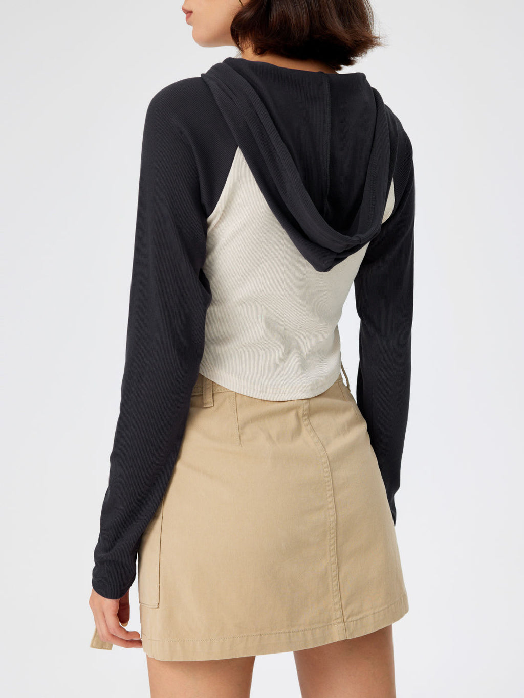 Contrast Raglan Sleeve Cropped Hoodie - Grey - 1