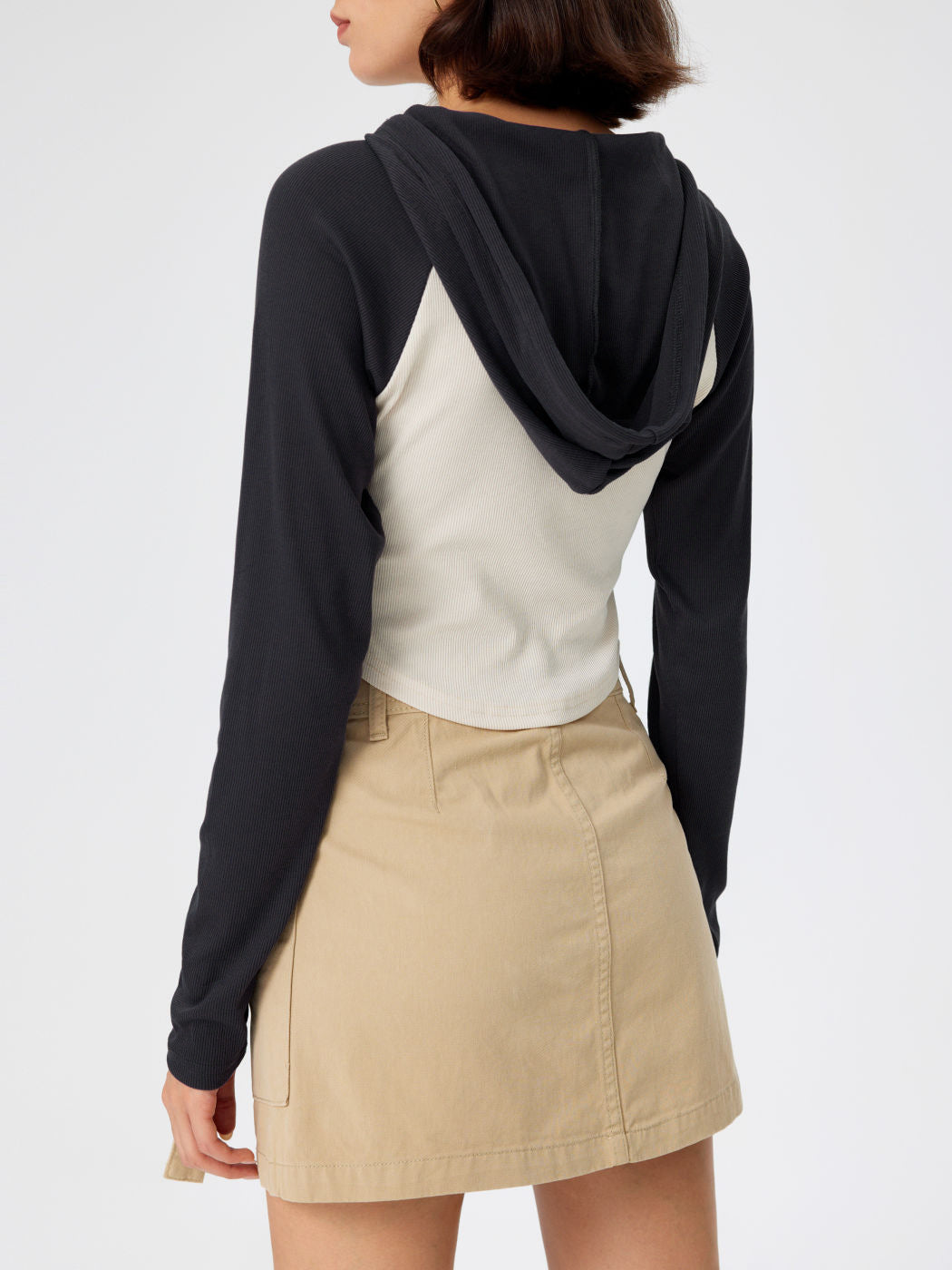 Contrast Raglan Sleeve Cropped Hoodie - Grey - 1