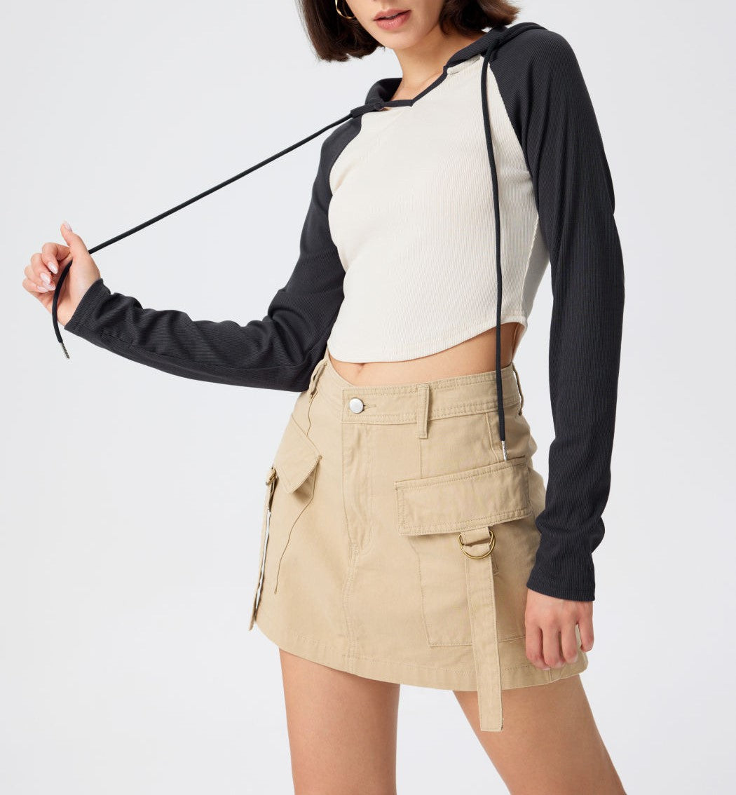 Contrast Raglan Sleeve Cropped Hoodie - Grey - 2