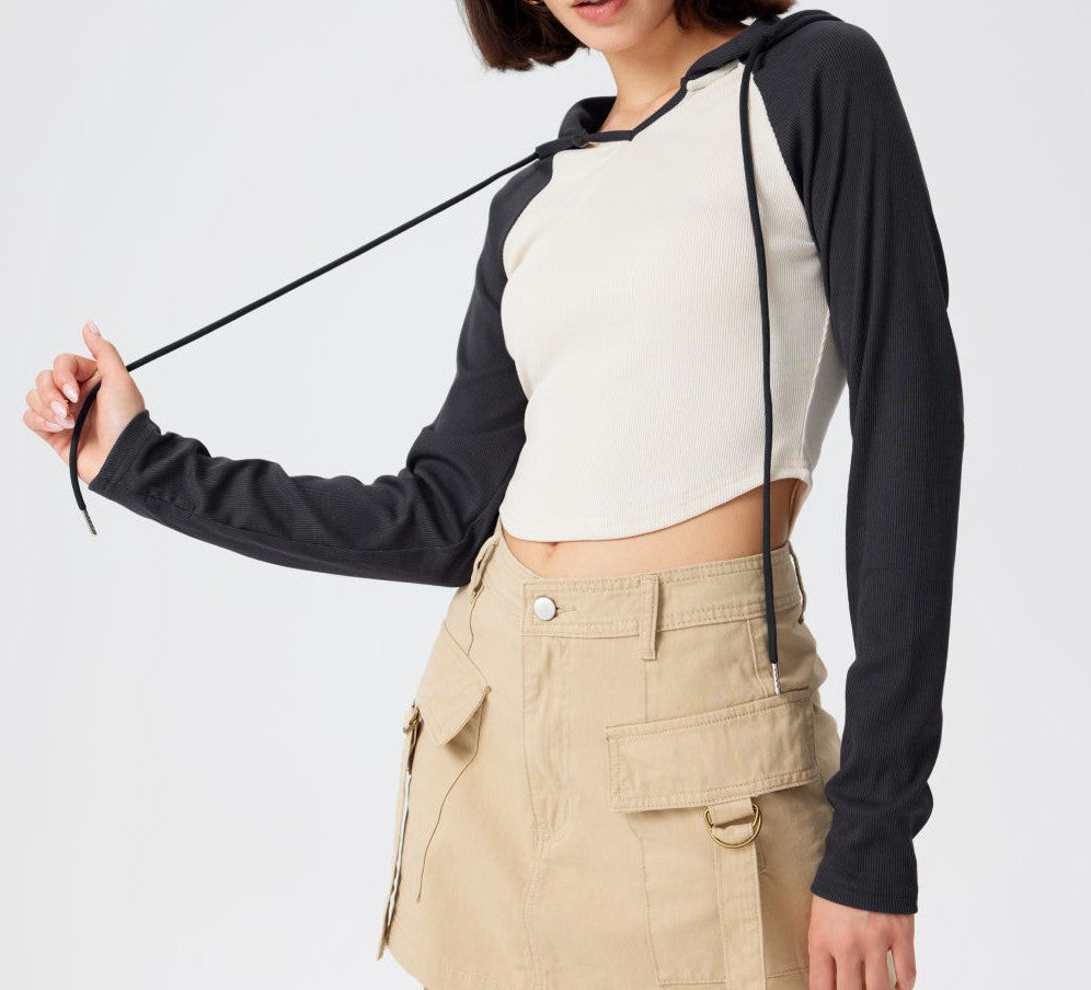 Contrast Raglan Sleeve Cropped Hoodie - Grey - 3