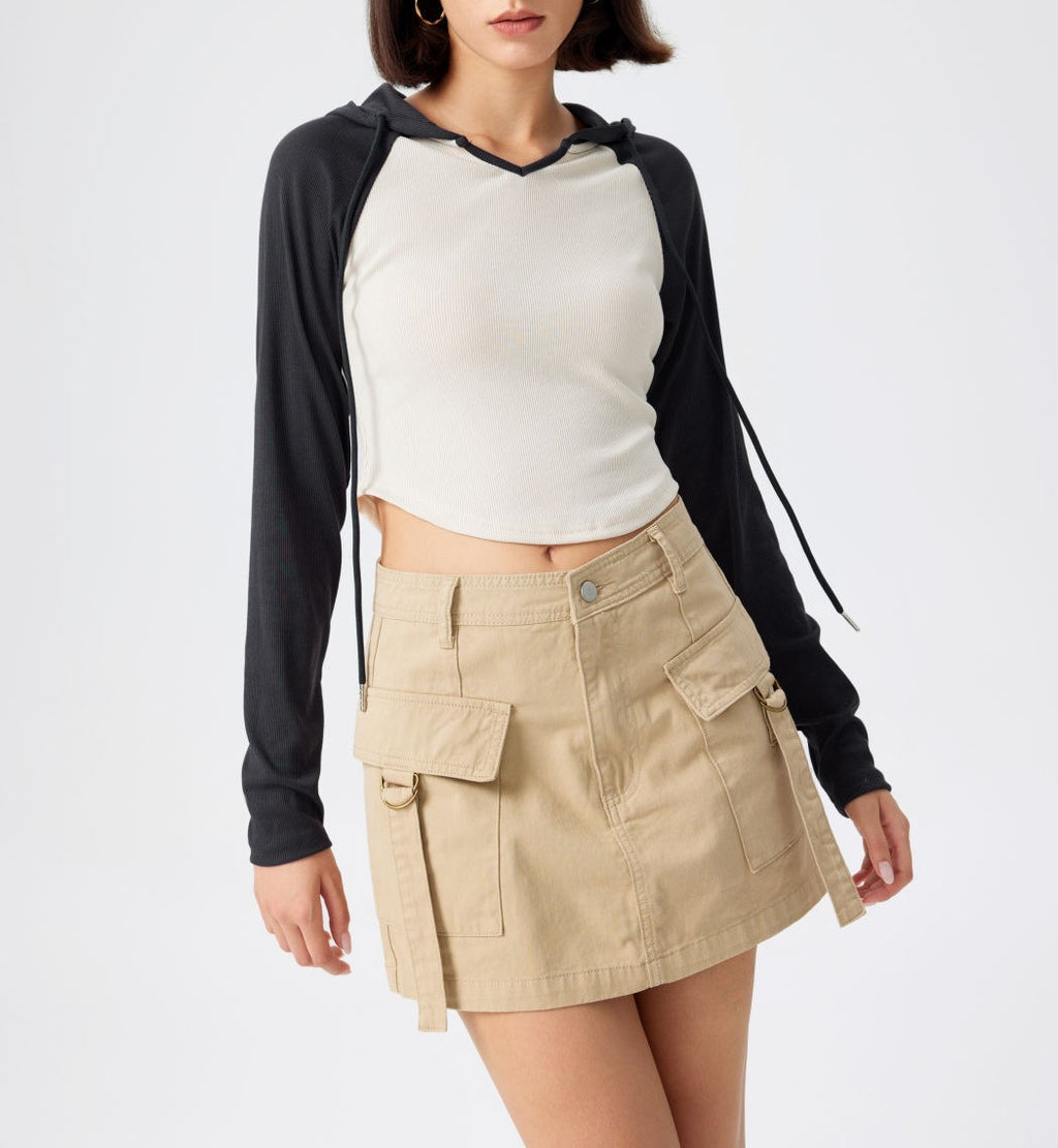 Contrast Raglan Sleeve Cropped Hoodie - Grey - 5