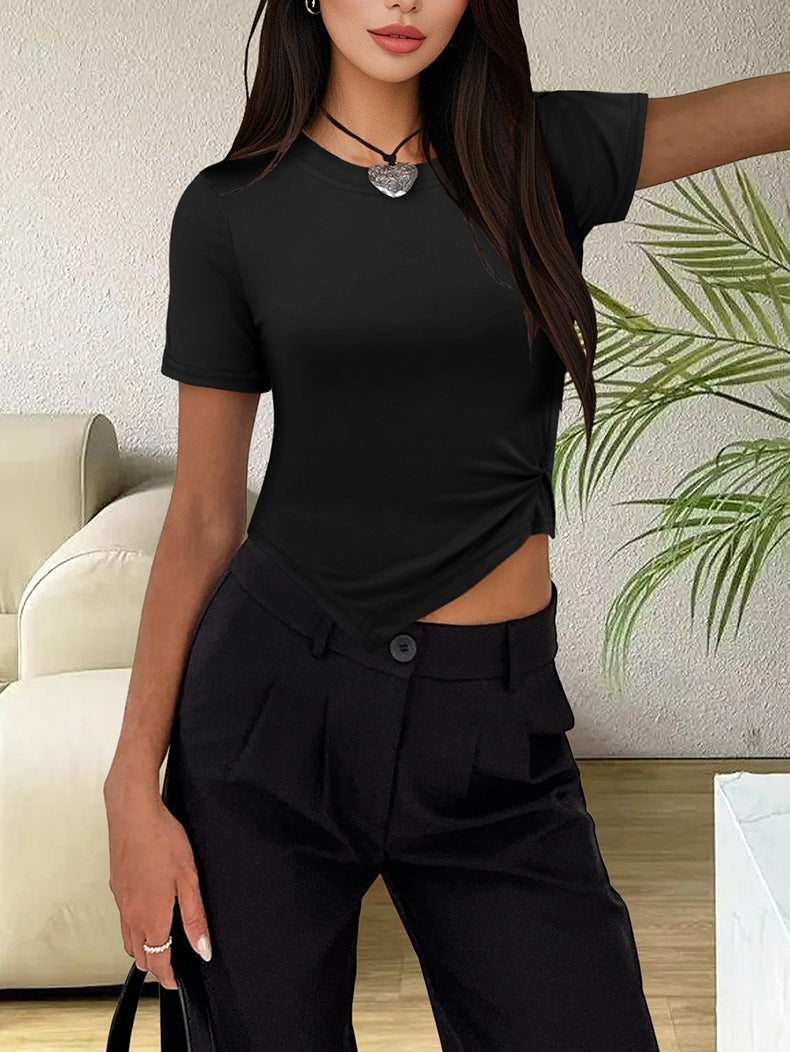 Asymmetric Hem Cutout Shoulder Crop Tee - Black - 1