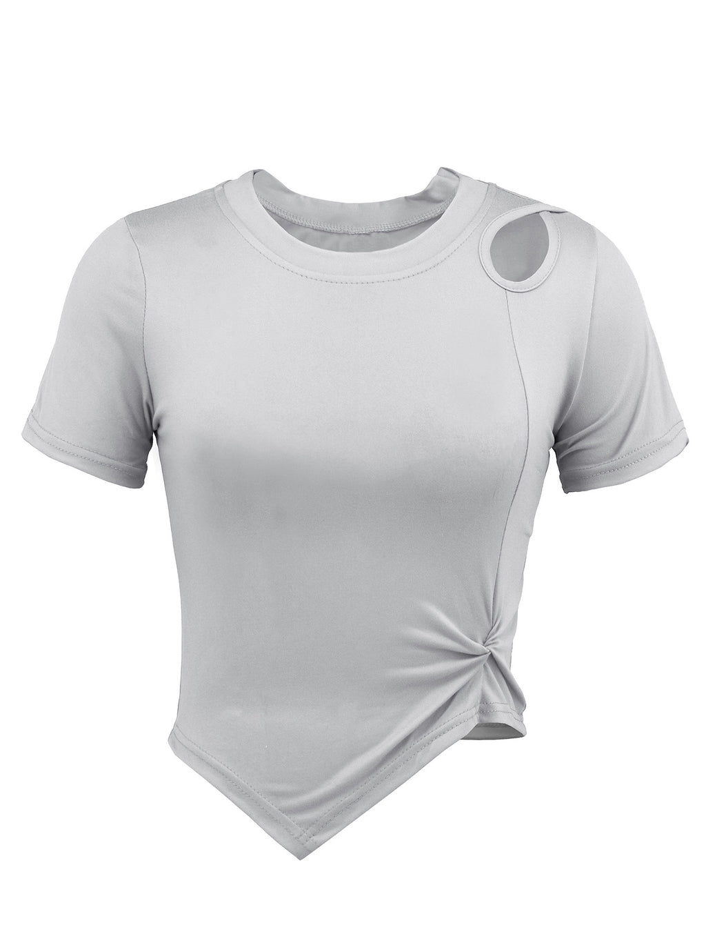 Asymmetric Hem Cutout Shoulder Crop Tee - Grey - 1