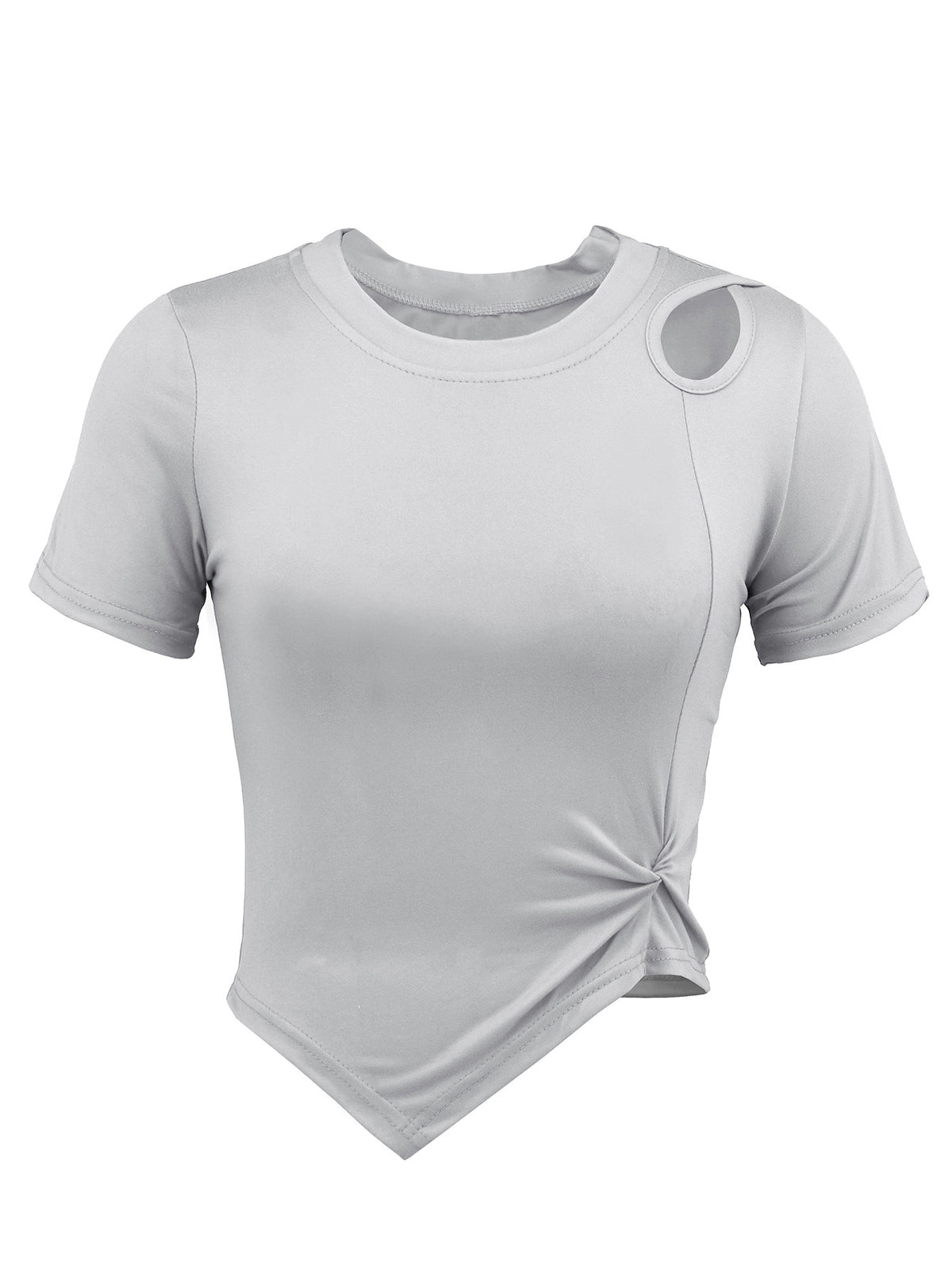 Asymmetric Hem Cutout Shoulder Crop Tee - Grey - 1