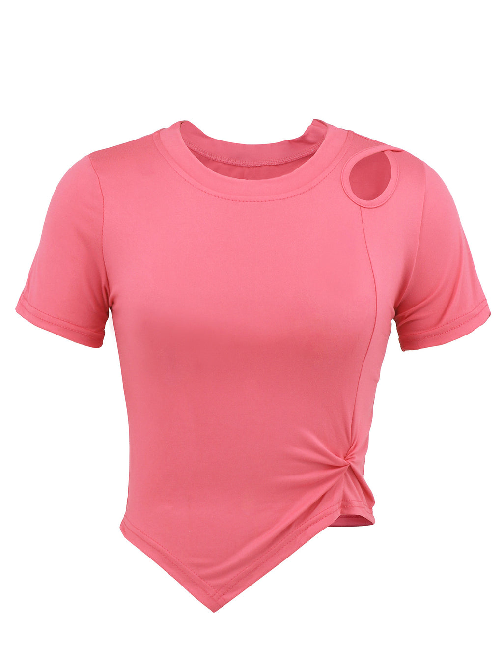 Asymmetric Hem Cutout Shoulder Crop Tee - Rosered