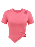 Asymmetric Hem Cutout Shoulder Crop Tee - Rosered
