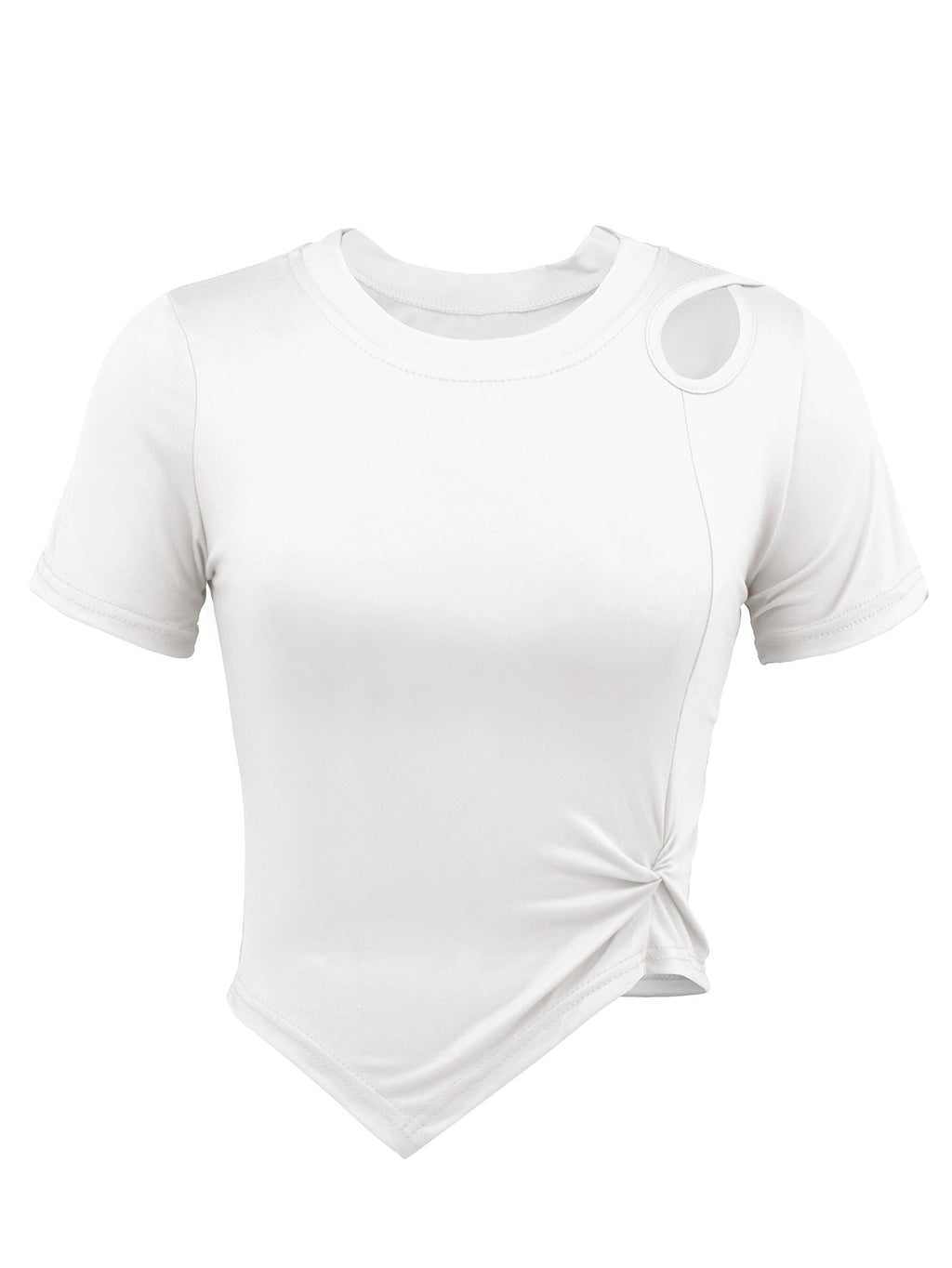 Asymmetric Hem Cutout Shoulder Crop Tee - White