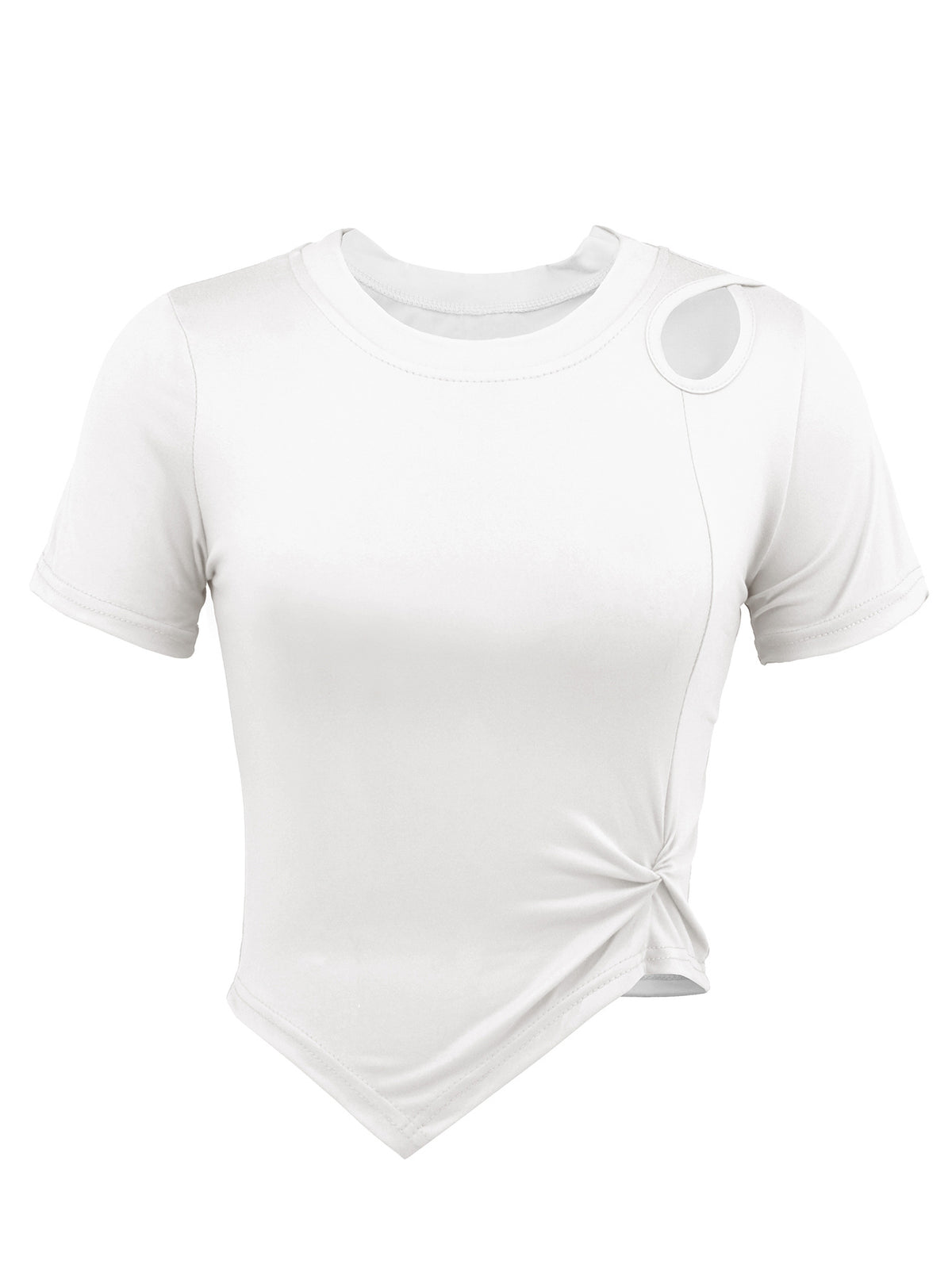 Asymmetric Hem Cutout Shoulder Crop Tee - White