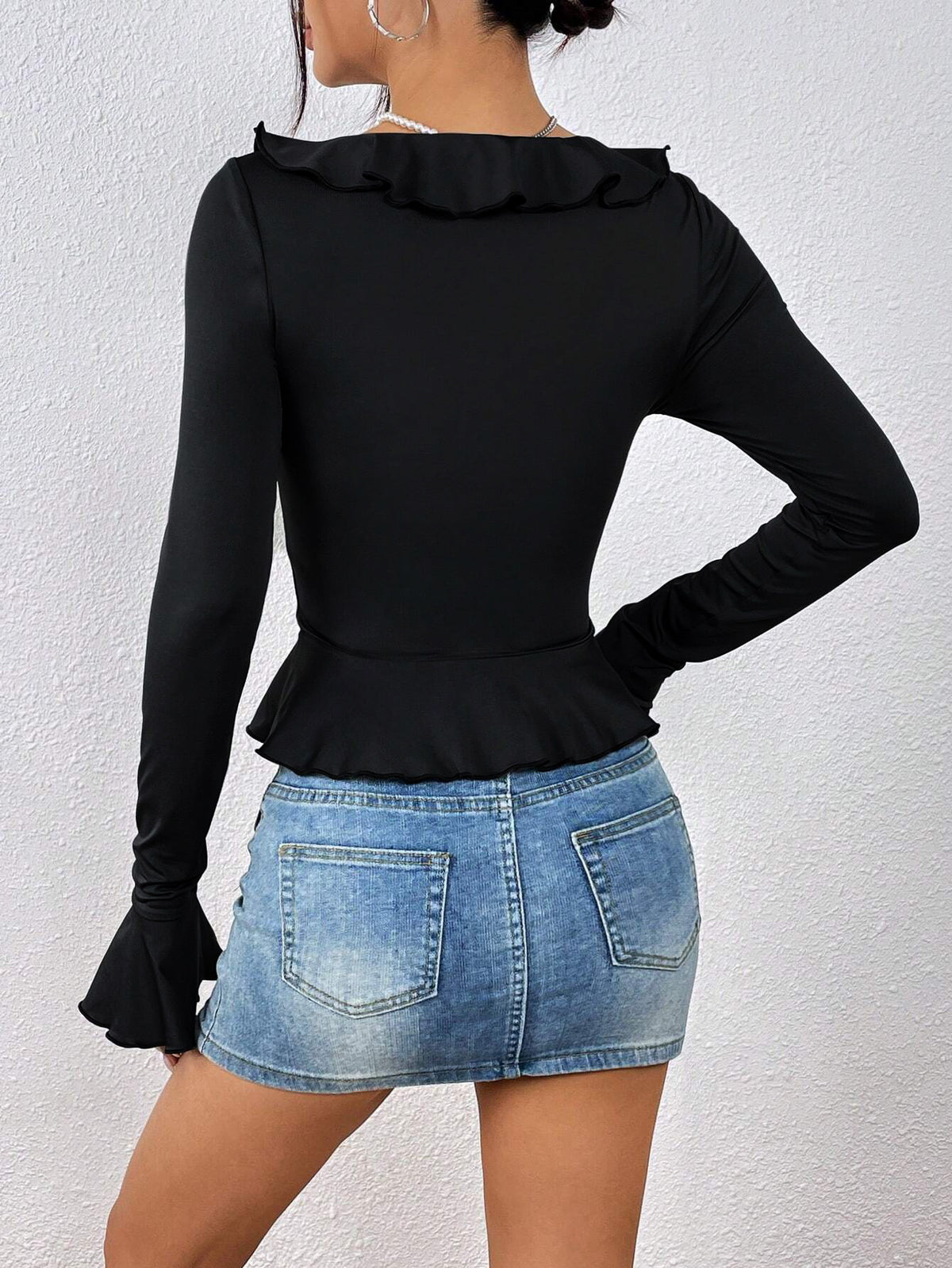 Ruffle Trim Peplum Blouse With Flared Cuffs - Black - 4