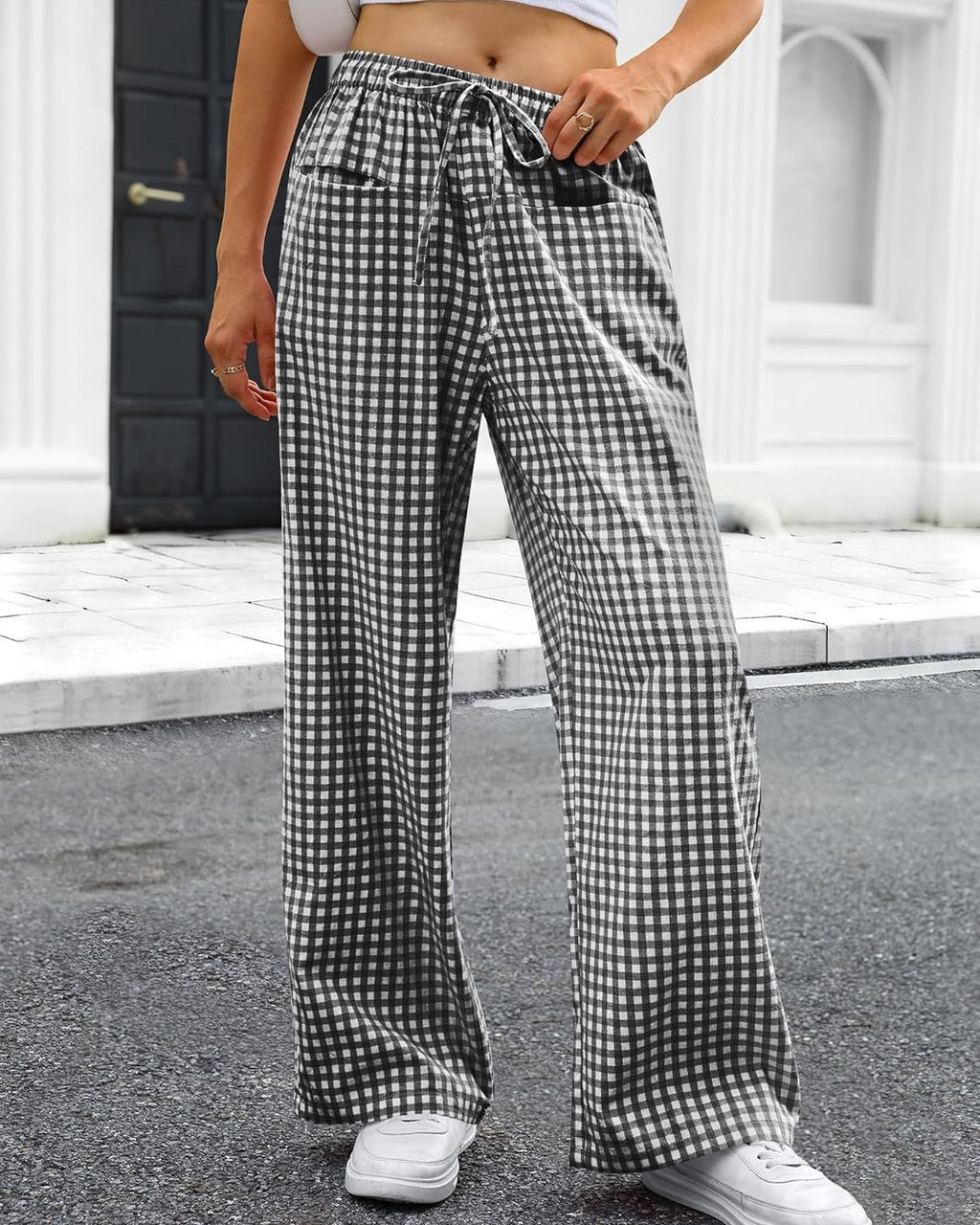 Gingham Check Drawstring Wide Leg Pants - Grey