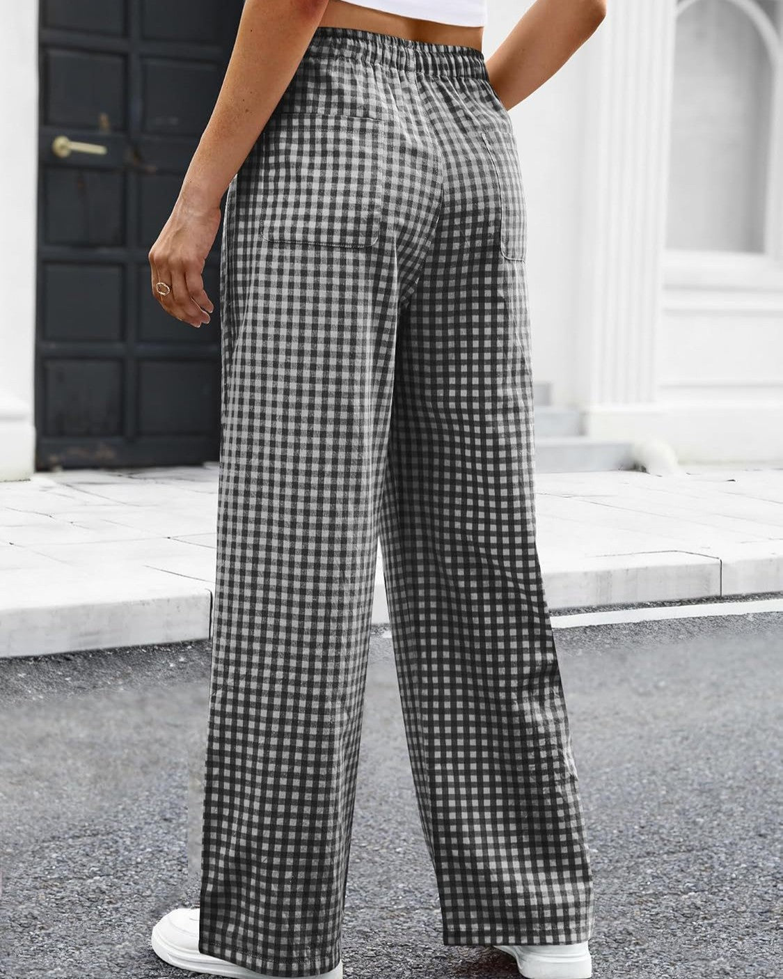 Gingham Check Drawstring Wide Leg Pants - Grey - 2