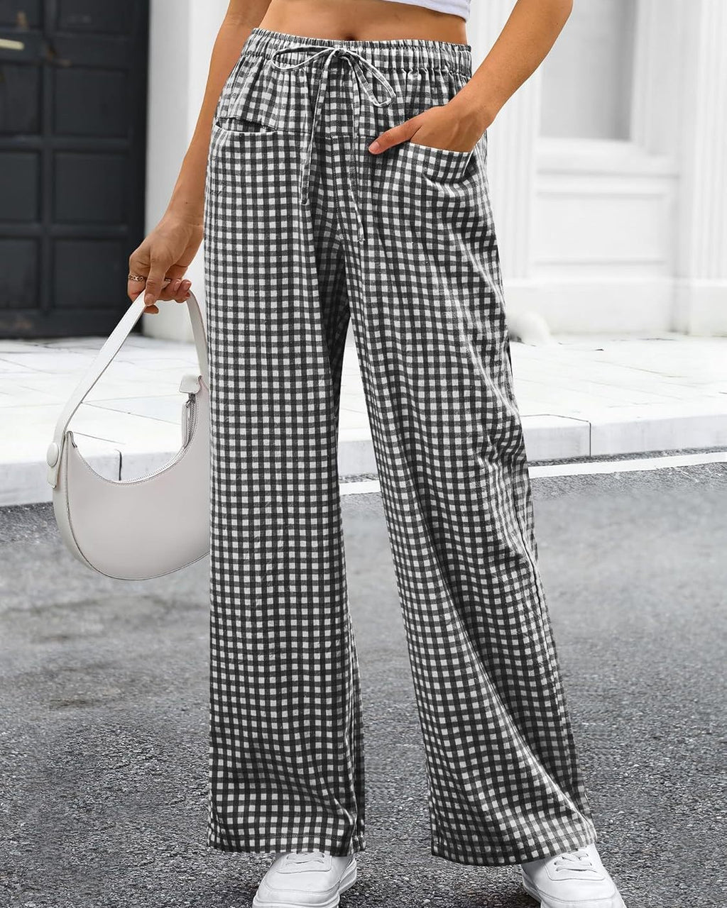 Gingham Check Drawstring Wide Leg Pants - Grey - 3