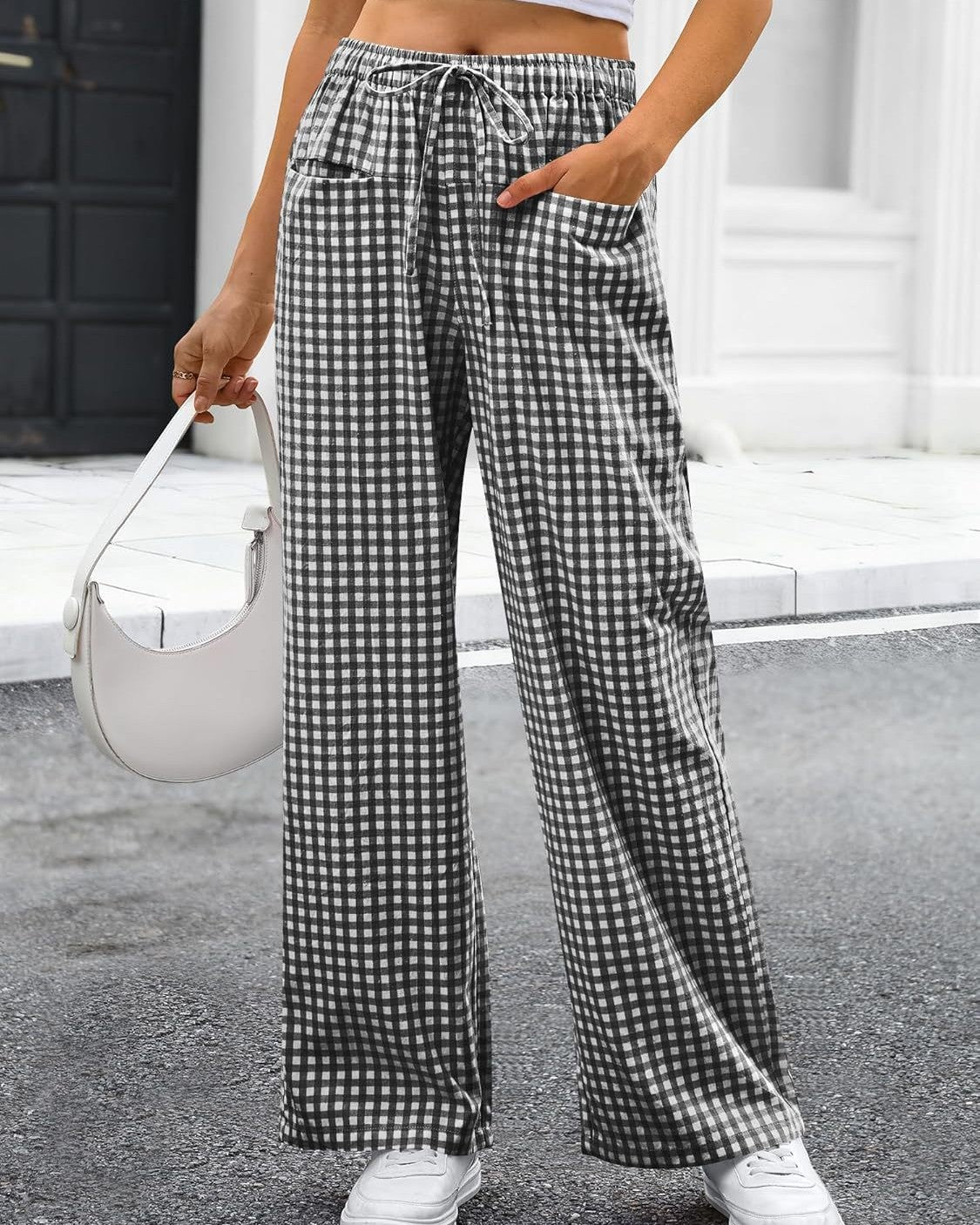 Gingham Check Drawstring Wide Leg Pants - Grey - 3