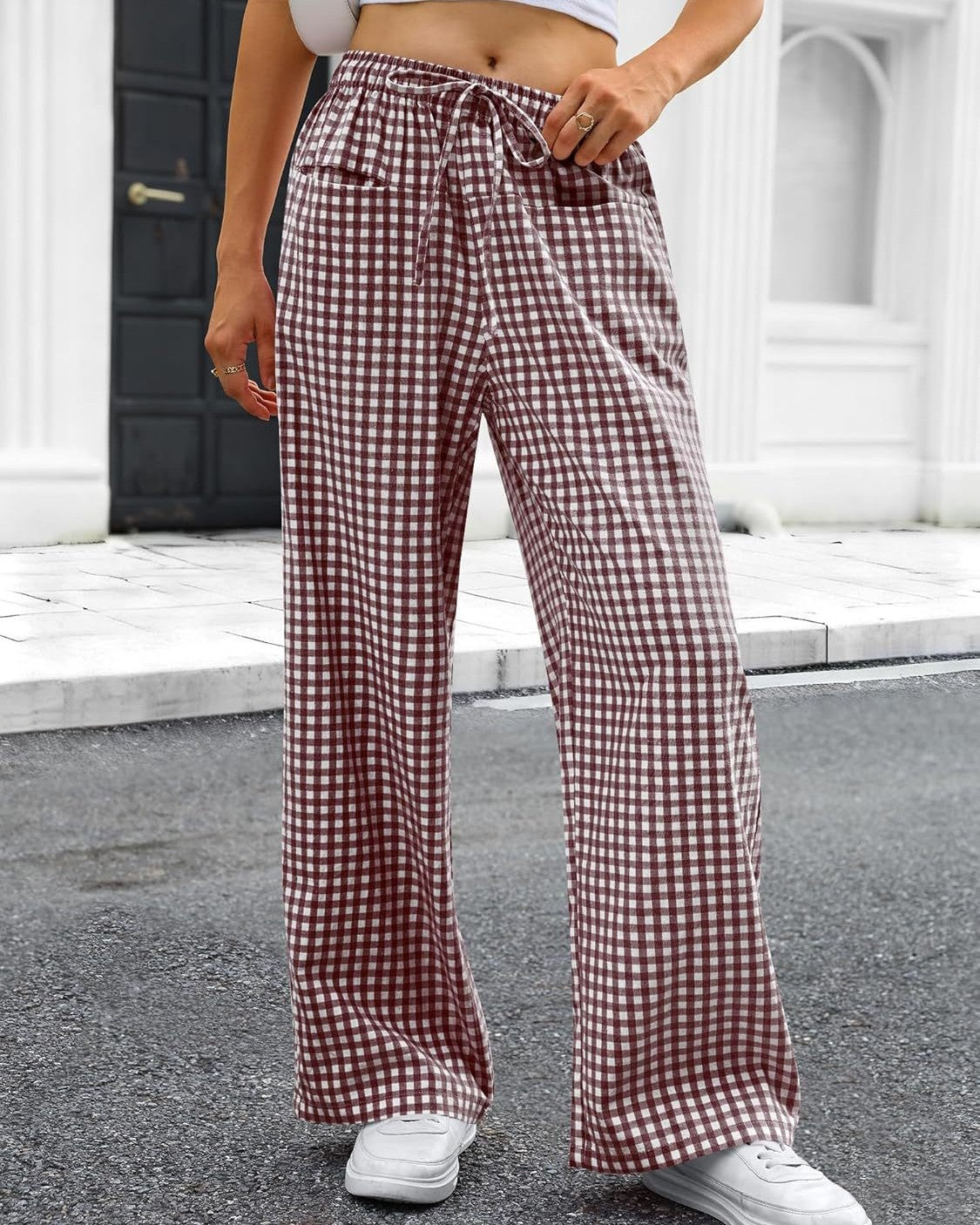Gingham Check Drawstring Wide Leg Pants - LightBrown