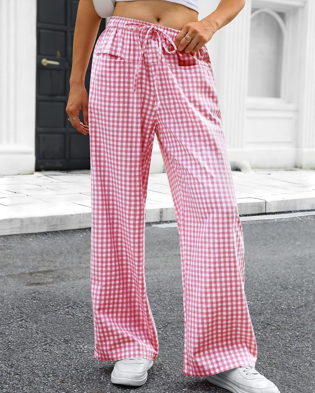 Gingham Check Drawstring Wide Leg Pants - Pink