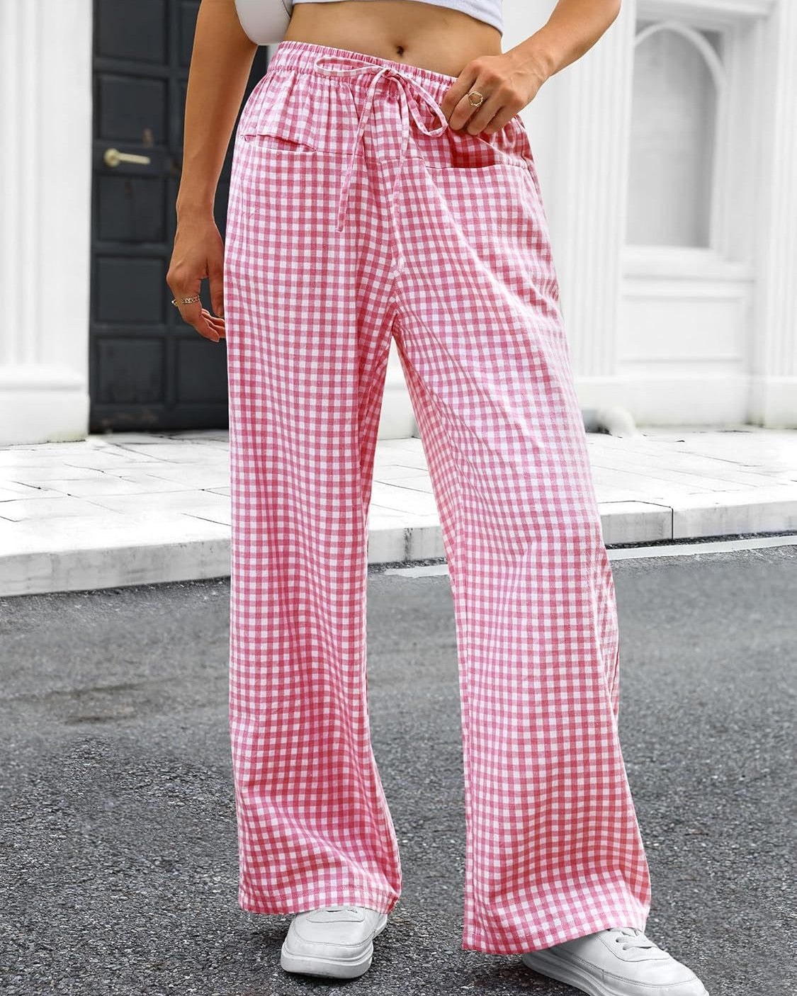 Gingham Check Drawstring Wide Leg Pants - Pink