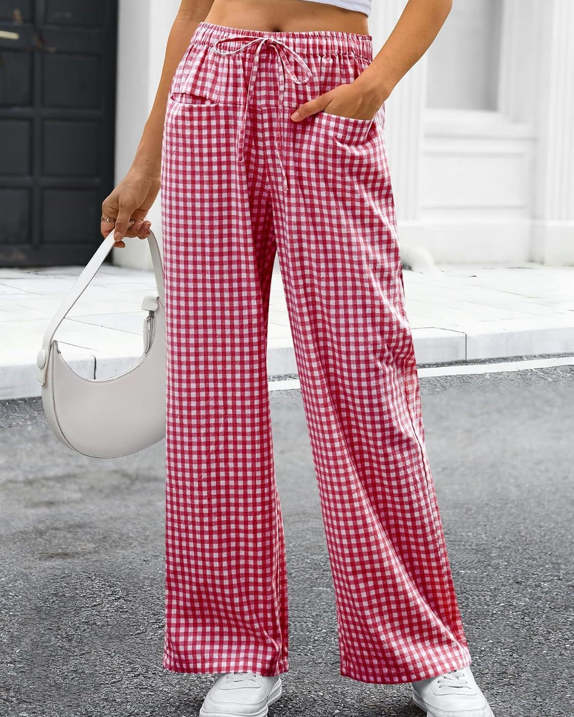 Gingham Check Drawstring Wide Leg Pants - Wine-Red