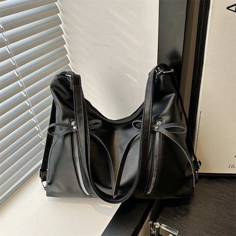 Slouchy Bow Detail Faux Leather Shoulder Bag - Black