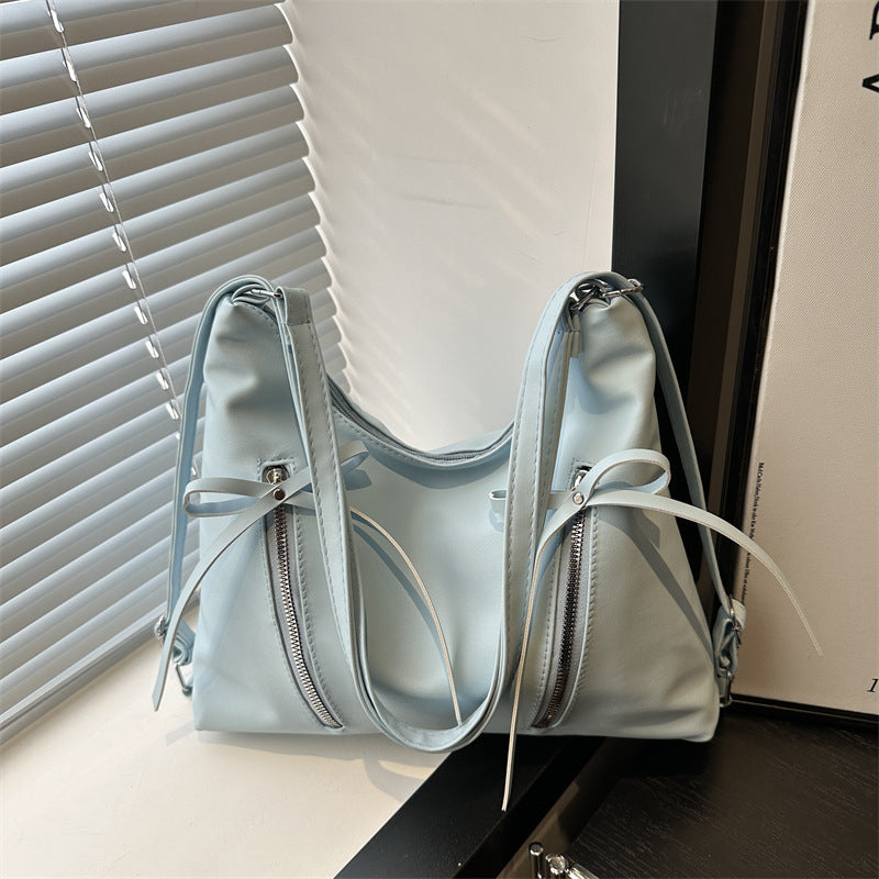 Slouchy Bow Detail Faux Leather Shoulder Bag - Blue