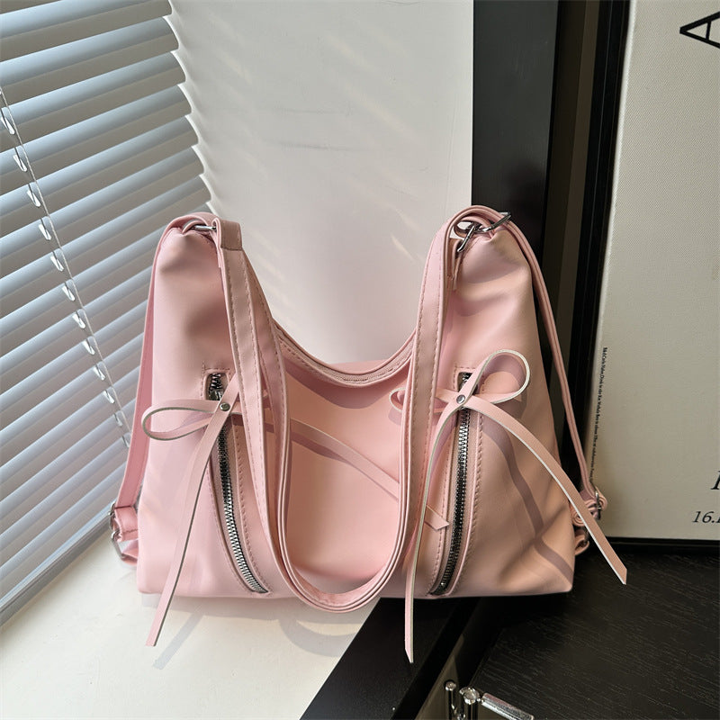 Slouchy Bow Detail Faux Leather Shoulder Bag - Pink