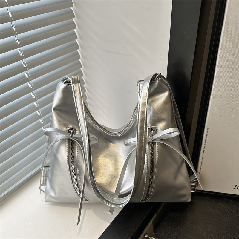 Slouchy Bow Detail Faux Leather Shoulder Bag - Silver