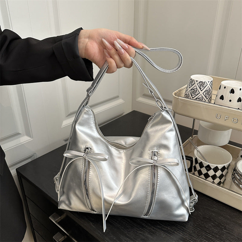 Slouchy Bow Detail Faux Leather Shoulder Bag - view 1