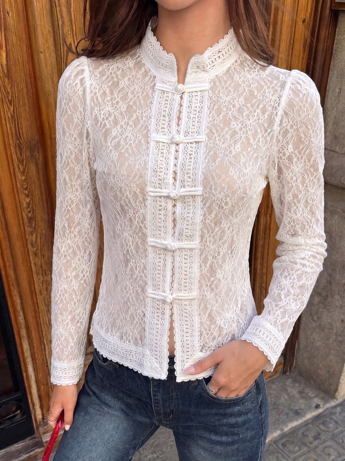 Sheer Lace Frog Button Mock Neck Blouse - White - 1