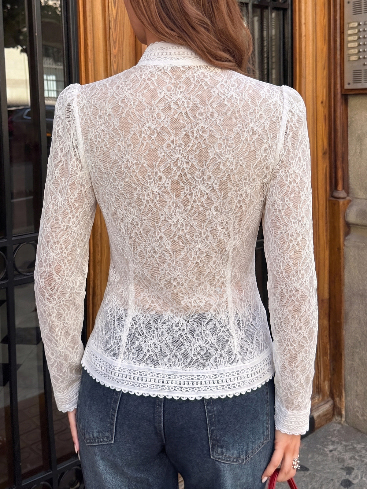 Sheer Lace Frog Button Mock Neck Blouse - White - 5