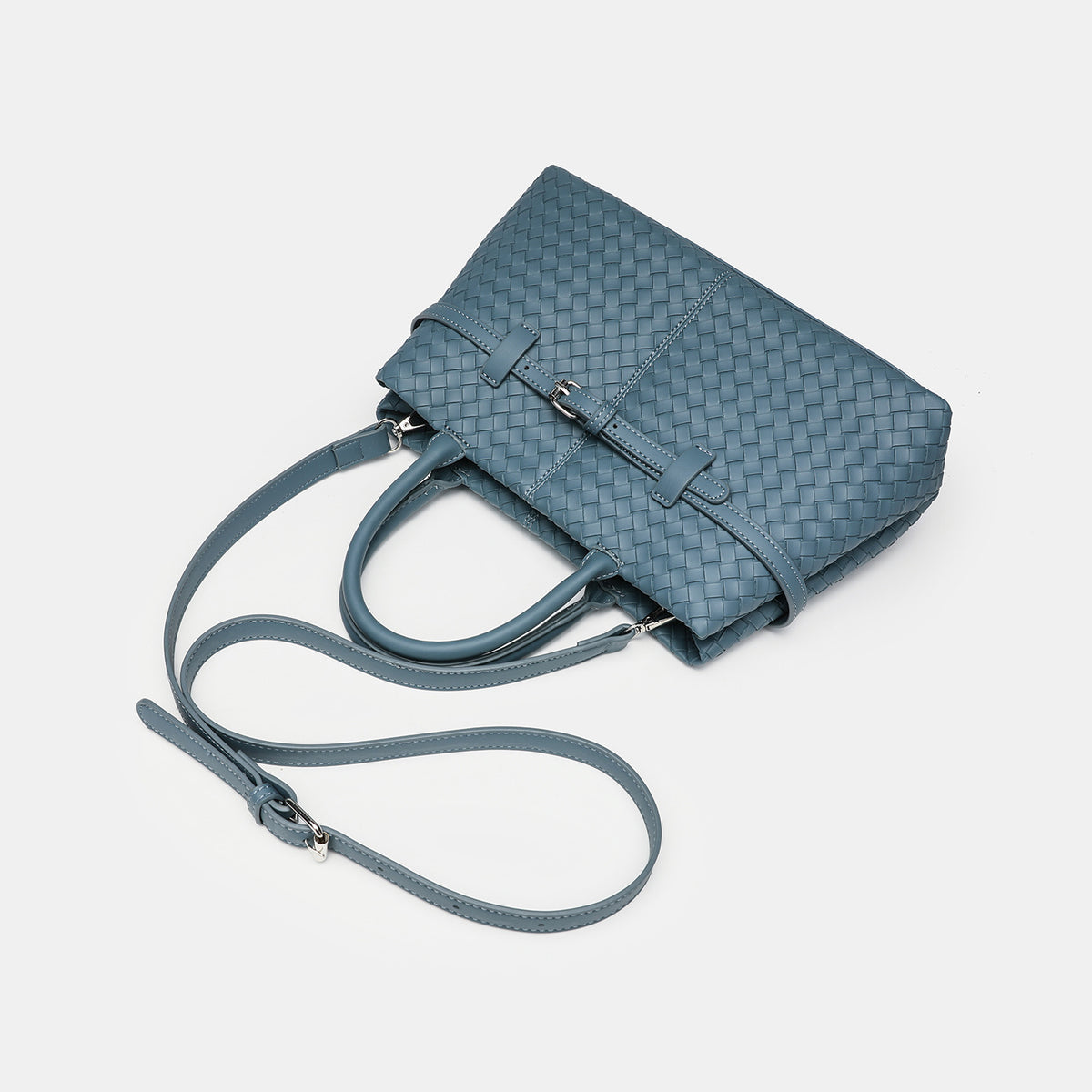 Woven-Textured Structured Buckle Top-Handle Satchel
