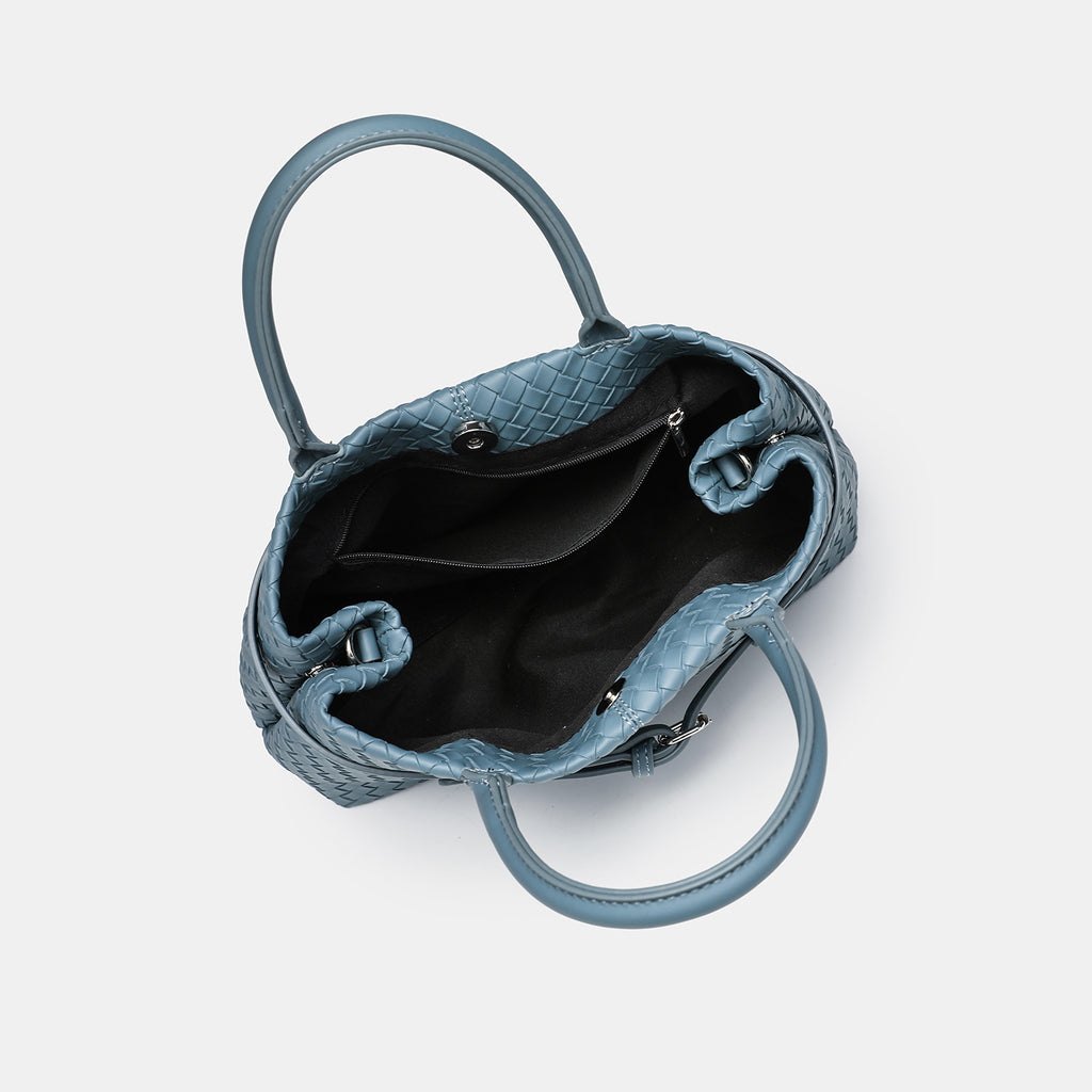 Woven-Textured Structured Buckle Top-Handle Satchel - view 2