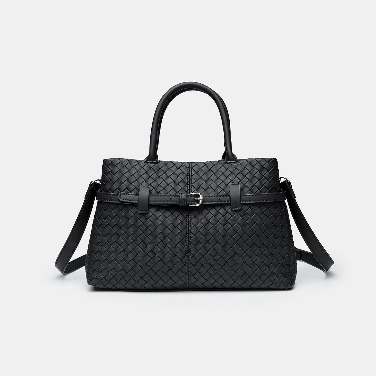 Woven-Textured Structured Buckle Top-Handle Satchel - Black