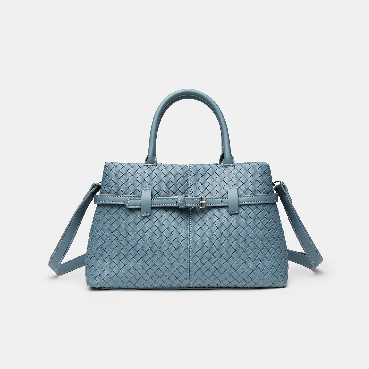 Woven-Textured Structured Buckle Top-Handle Satchel - Blue