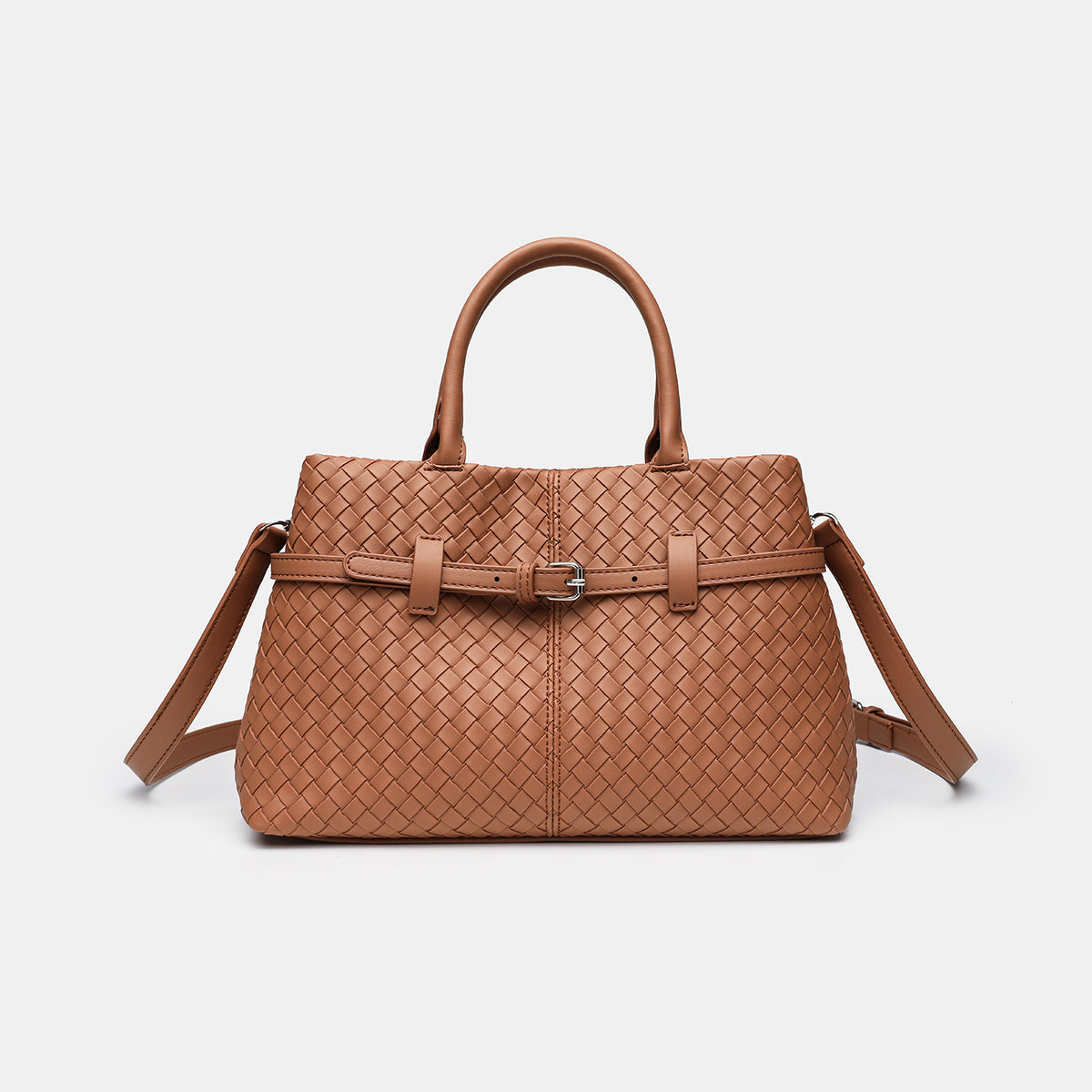 Woven-Textured Structured Buckle Top-Handle Satchel - Brown