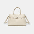 Woven-Textured Structured Buckle Top-Handle Satchel - Off-White