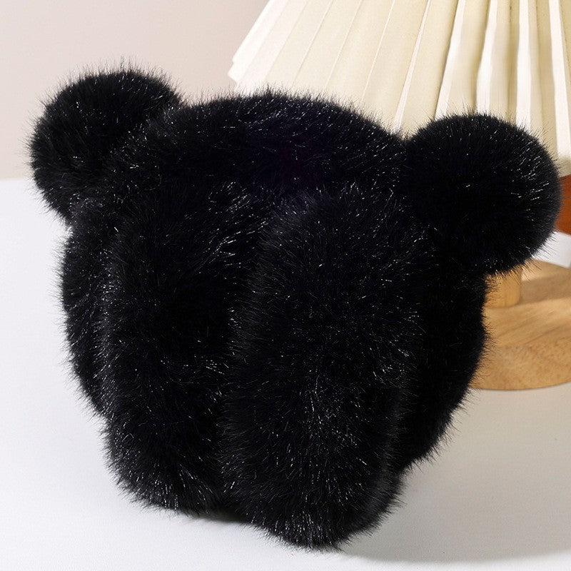 Fuzzy Bear Ear Plush Winter Earmuffs - Black