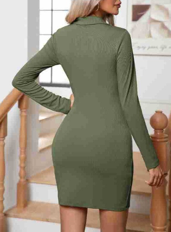 Ribbed Collared Long Sleeve Bodycon Mini Dress - Green - 1