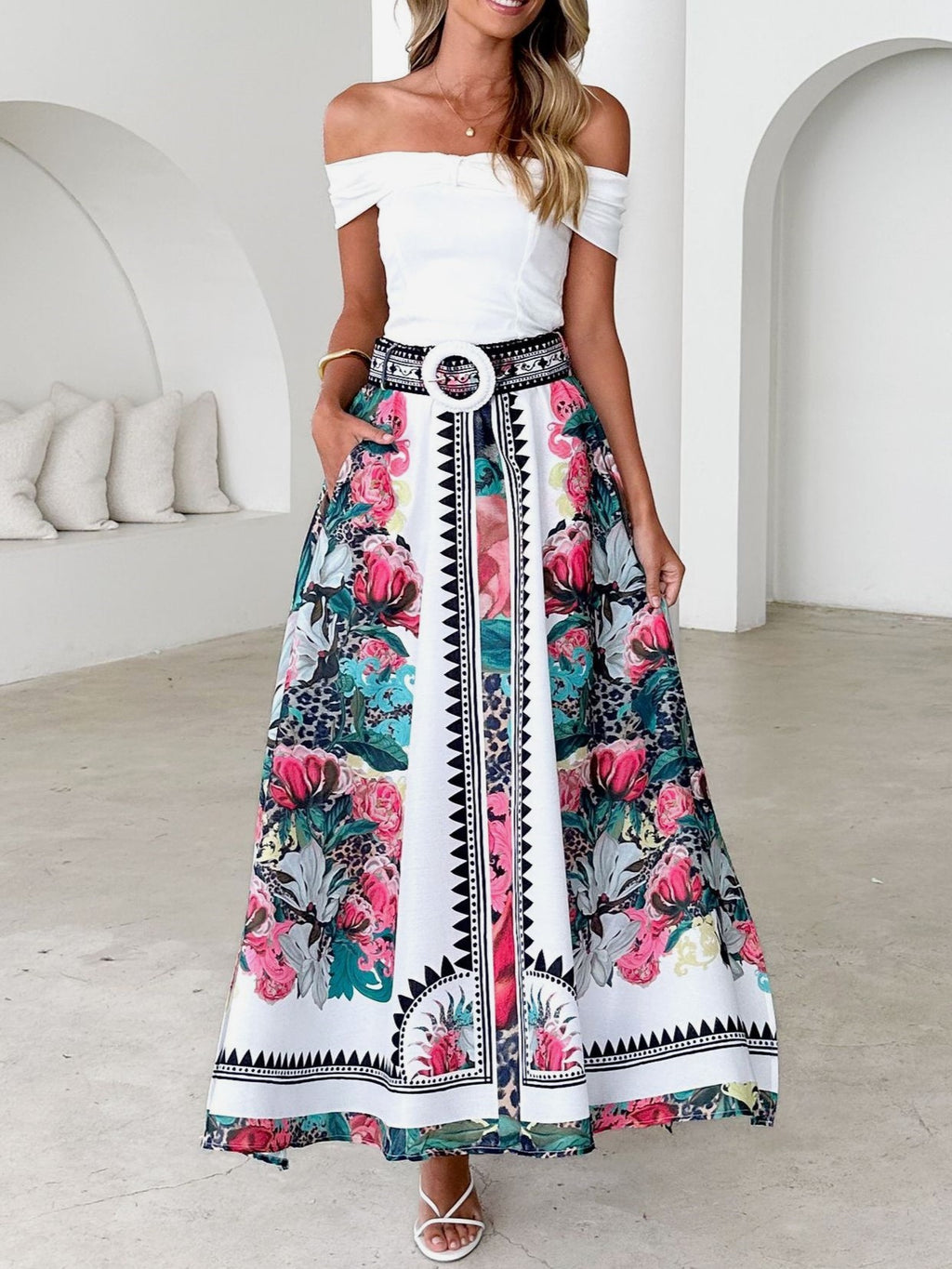 Bohemian Floral Border Print Maxi Skirt - Floral