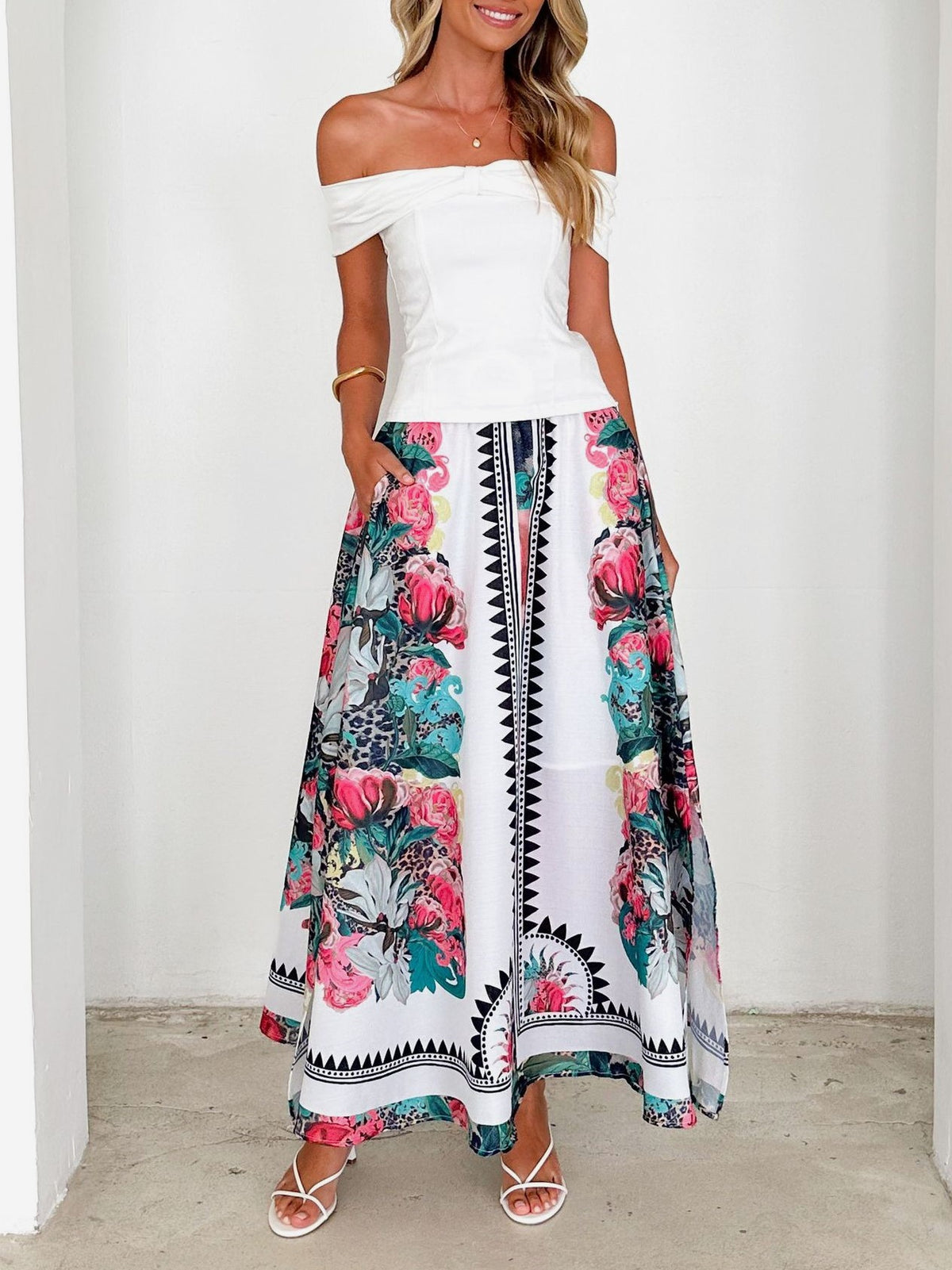 Bohemian Floral Border Print Maxi Skirt - Floral - 2