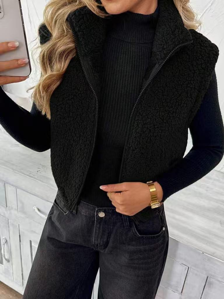 Cropped Sherpa Plush Collared Vest - Black