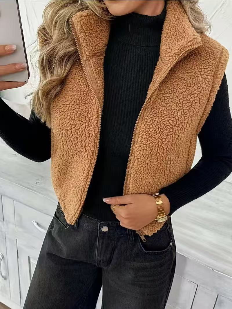 Cropped Sherpa Plush Collared Vest - Brown