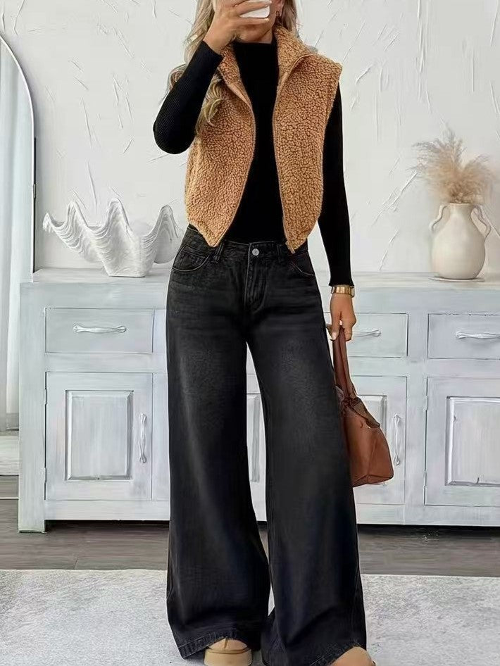 Cropped Sherpa Plush Collared Vest - Brown - 1