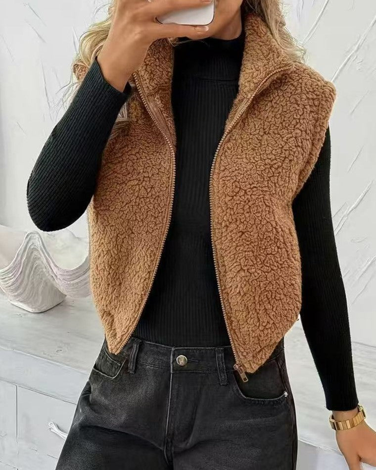 Cropped Sherpa Plush Collared Vest - Brown - 2