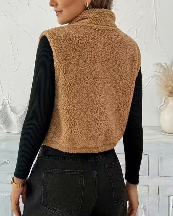 Cropped Sherpa Plush Collared Vest - Brown - 3
