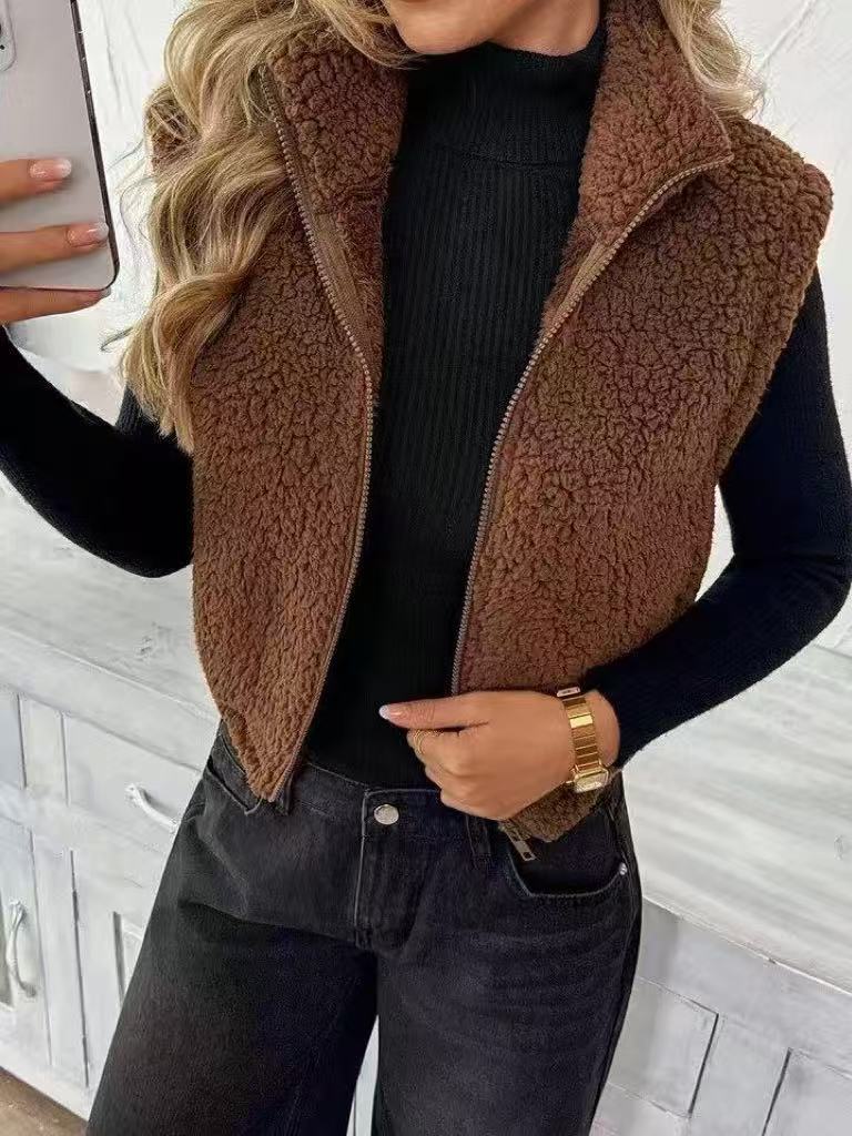 Cropped Sherpa Plush Collared Vest - Coffee