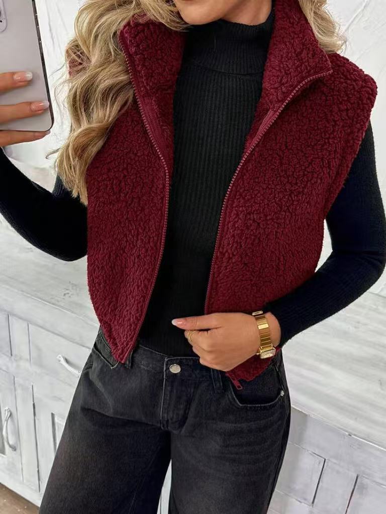 Cropped Sherpa Plush Collared Vest - WineRed