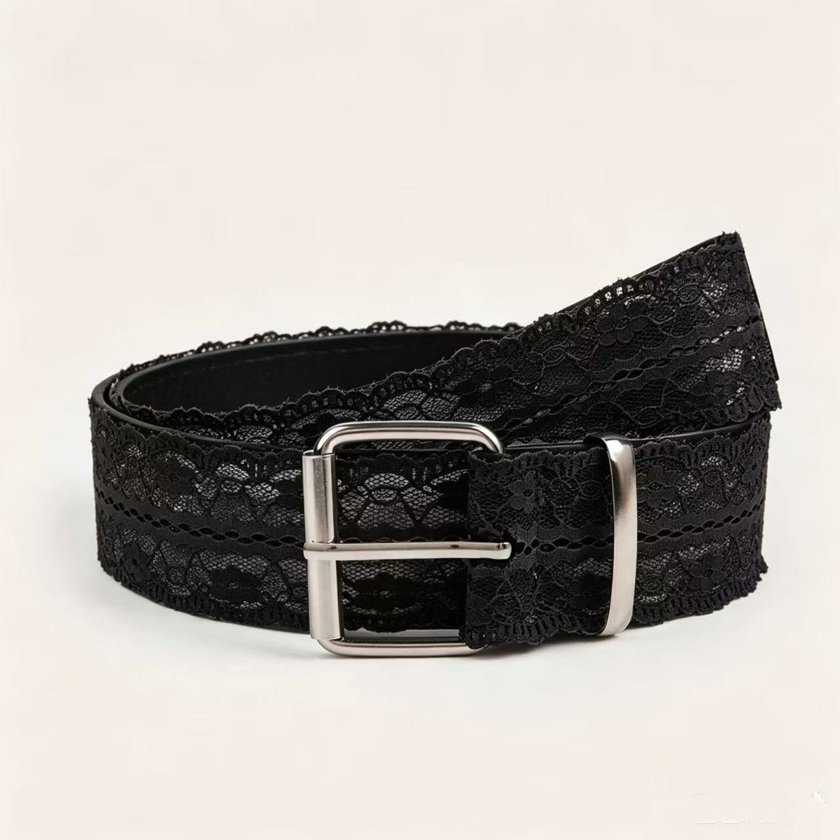 Floral Lace Overlay Wide Waist Belt - Black