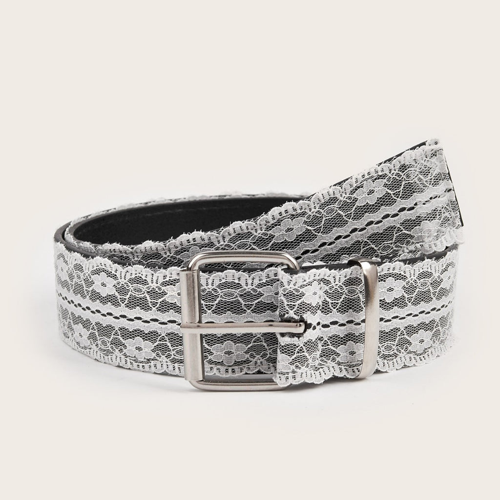 Floral Lace Overlay Wide Waist Belt - White