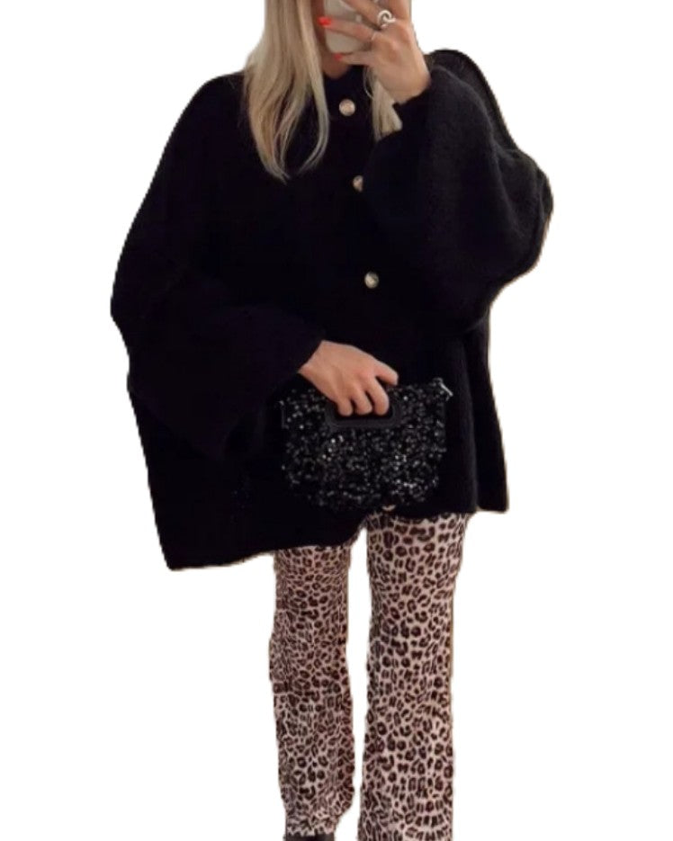 Oversized Batwing Sleeve Button Front Cardigan - Black