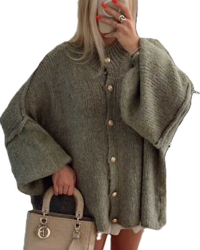 Oversized Batwing Sleeve Button Front Cardigan - Green